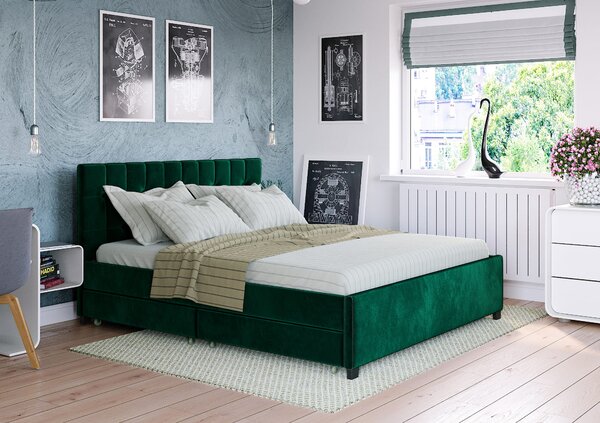 Łóżko 120x200 Tapicerowane Modena + 4 Szuflady Welur Zieleń Butelkowa (H2)