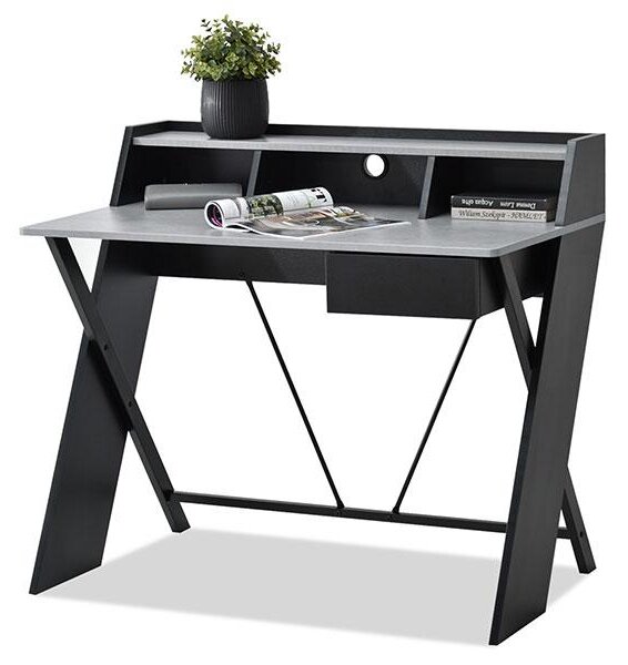 Loftowe biurko asgard czarne + beton z nadstawką i szufladką na nodze iks
