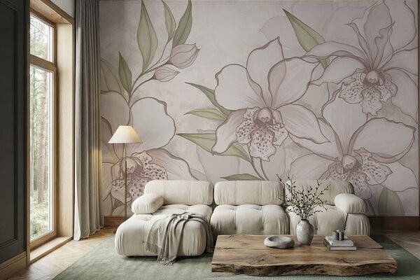 Fototapety Ilustracja przedstawiająca jasne orchidee z liśćmi na beżowym tle, Fototapety Kwiaty, w05117 : Uwalls.pl