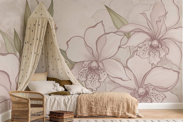 Fototapety Ilustracja przedstawiająca jasne orchidee z liśćmi na beżowym tle, Fototapety Kwiaty, w05117 : Uwalls.pl