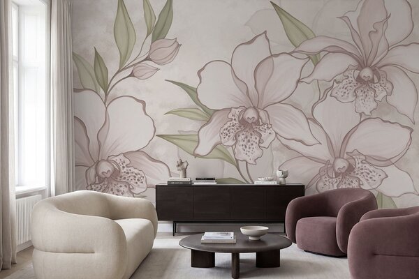 Fototapety Ilustracja przedstawiająca jasne orchidee z liśćmi na beżowym tle, Fototapety Kwiaty, w05117 : Uwalls.pl