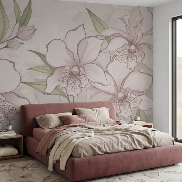 Fototapety Ilustracja przedstawiająca jasne orchidee z liśćmi na beżowym tle, Fototapety Kwiaty, w05117 : Uwalls.pl
