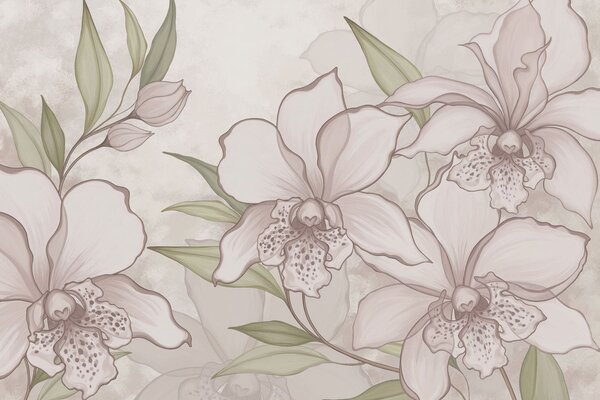 Fototapety Ilustracja przedstawiająca jasne orchidee z liśćmi na beżowym tle, Fototapety Kwiaty, w05117 : Uwalls.pl