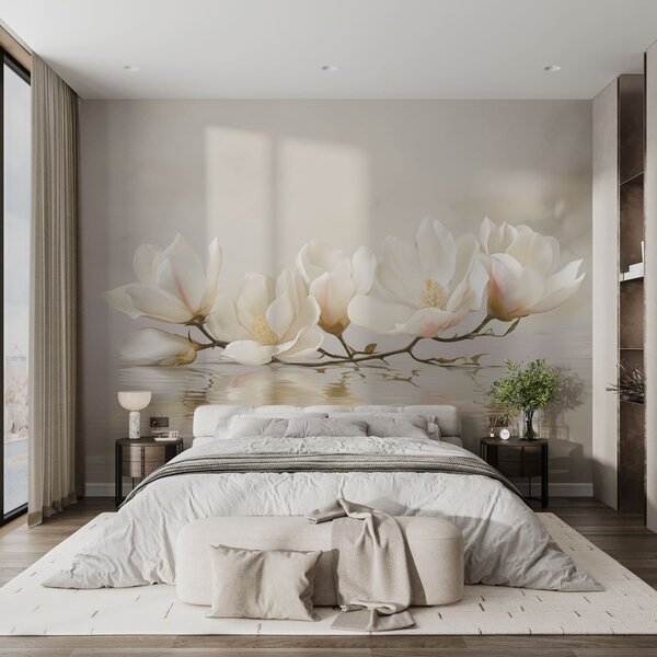 Fototapety Jasne kwiaty magnolii na gałęzi nad odbiciem w wodzie, Fototapety Kwiaty, w05353 : Uwalls.pl