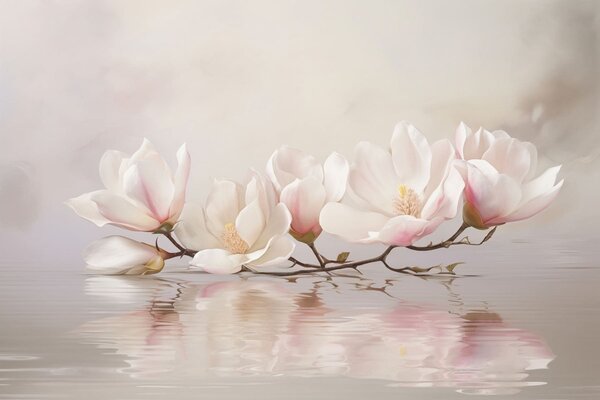 Fototapety Gałąź magnolii z kwiatami nad spokojnym odbiciem wody, Fototapety Kwiaty, w05353v1 : Uwalls.pl