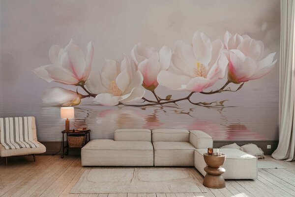 Fototapety Gałąź magnolii z kwiatami nad spokojnym odbiciem wody, Fototapety Kwiaty, w05353v1 : Uwalls.pl