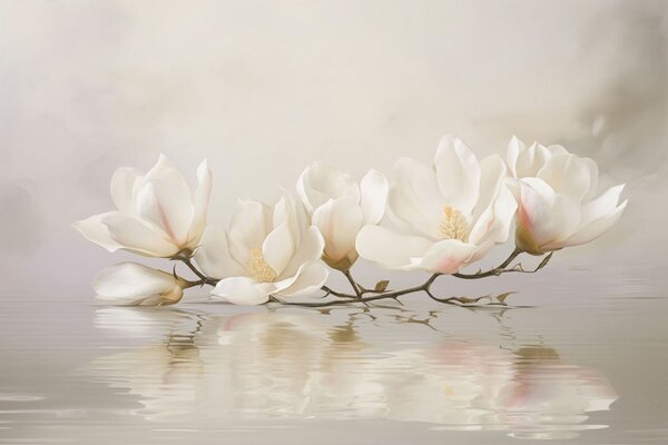 Fototapety Jasne kwiaty magnolii na gałęzi nad odbiciem w wodzie, Fototapety Kwiaty, w05353 : Uwalls.pl