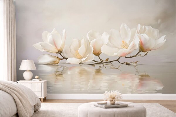 Fototapety Jasne kwiaty magnolii na gałęzi nad odbiciem w wodzie, Fototapety Kwiaty, w05353 : Uwalls.pl