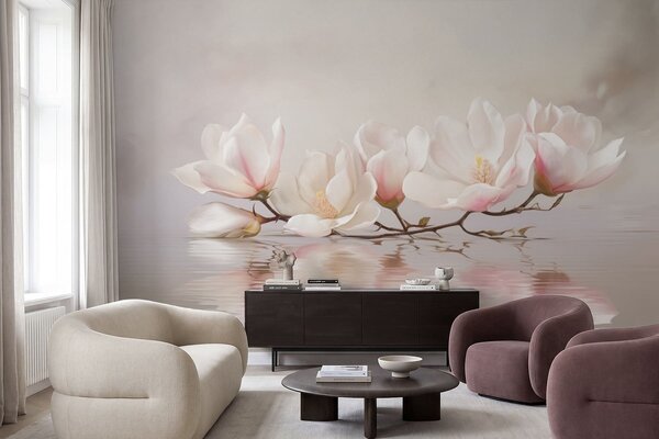 Fototapety Gałąź magnolii z kwiatami nad spokojnym odbiciem wody, Fototapety Kwiaty, w05353v1 : Uwalls.pl