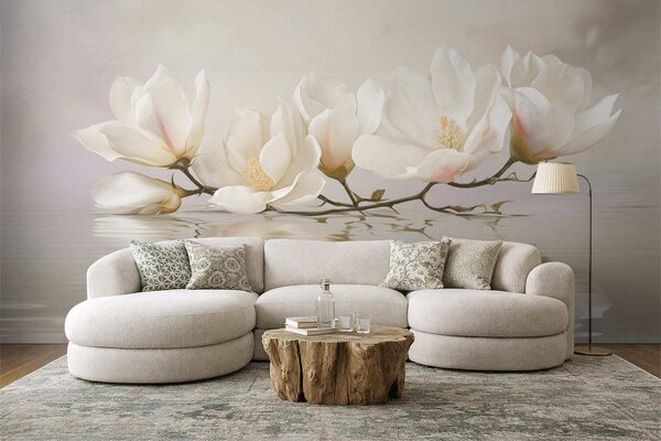 Fototapety Jasne kwiaty magnolii na gałęzi nad odbiciem w wodzie, Fototapety Kwiaty, w05353 : Uwalls.pl