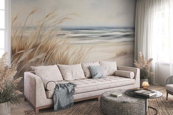 Fototapety Teksturowany krajobraz z suchą trawą na piaszczystej plaży, z oceanem i niebem w tle., Fototapety Natura, w09739 : Uwalls.pl
