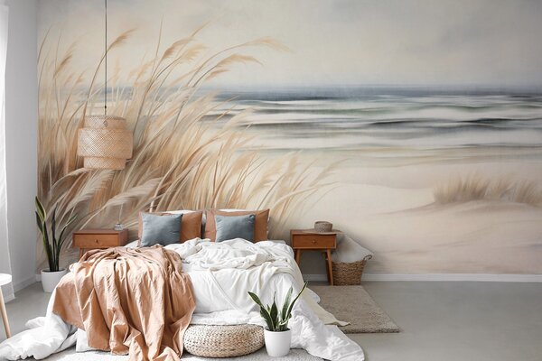 Fototapety Teksturowany krajobraz z suchą trawą na piaszczystej plaży, z oceanem i niebem w tle., Fototapety Natura, w09739 : Uwalls.pl