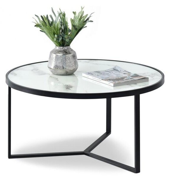 Marmurowy stolik szklany natal xl biały z czarną geometryczną podstawą z metalu