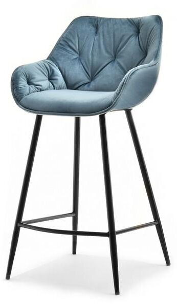 Pikowane krzesło barowe jajo lucena niebieski welur satyna na czarnych nogach