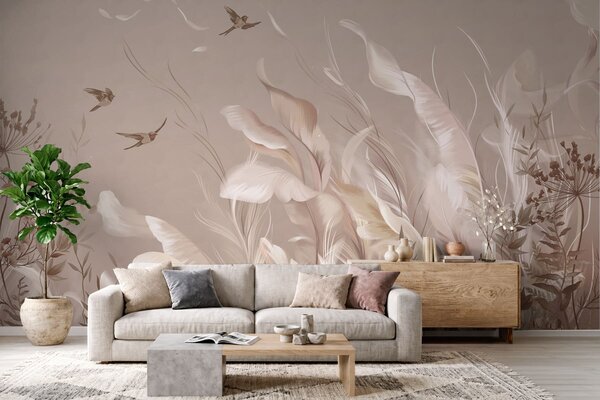 Fototapety Lekkie pióra i rośliny z ptakami w pastelowych barwach, Tapety Wyjątkowe, w05395v1 : Uwalls.pl