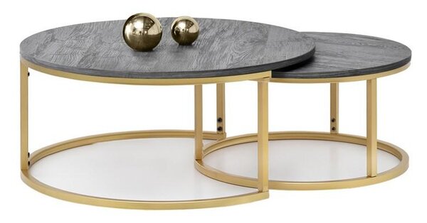 Okrągłe stoliki 2 w 1 kodia s i xl szary dąb na złotej nodze do pokoju w stylu loftowym