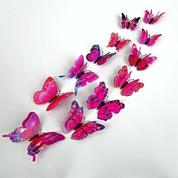 Naklejka na ścianę "Realistyczne plastikowe motyle 3D z podwójnymi skrzydłami - różowe" 12szt 6-12 cm