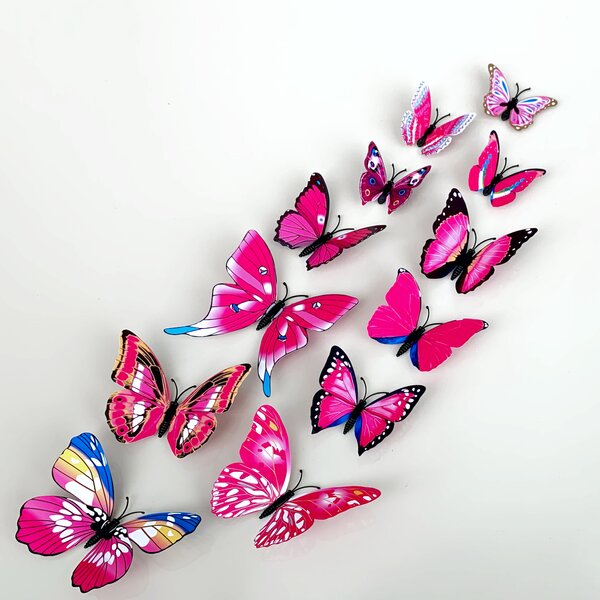 Naklejka na ścianę "Realistyczne plastikowe motyle 3D - różowe" 12szt 5-12 cm