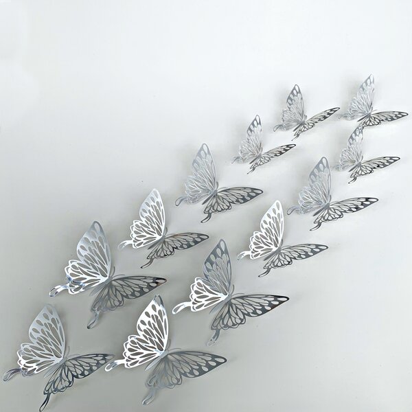 Naklejka na ścianę "Metaliczne motyle - Srebrne 3" 12 szt. 8-12 cm