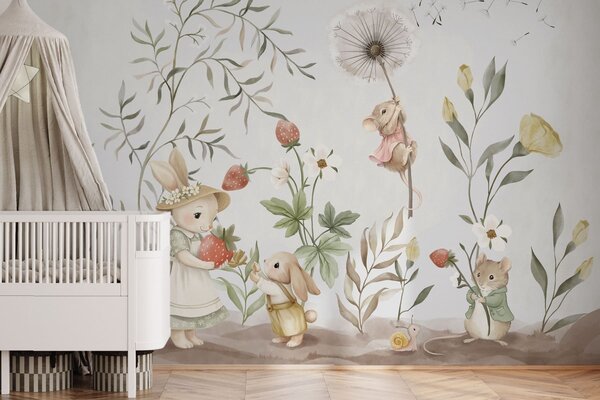 Fototapety Ilustracja dla dzieci przedstawiająca króliczka i myszkę wśród roślin i kwiatów, Fototapety Zwierzęta, w05422 : Uwalls.pl