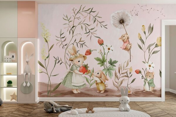 Fototapety Ilustracja przedstawiająca zwierzęta z truskawkami na delikatnym różowym tle, Fototapety Zwierzęta, w05422v1 : Uwalls.pl