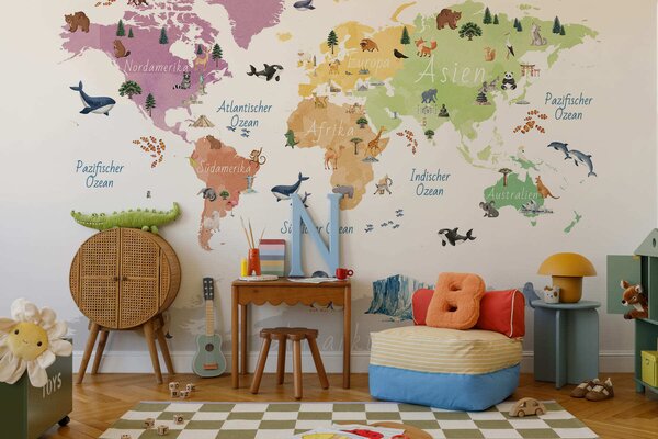 Fototapety Mapa w stylu akwareli przedstawiająca zwierzęta, rośliny i zabytki architektury. Napisy w języku, Fototapety Mapy, c00009de : Uwalls.pl
