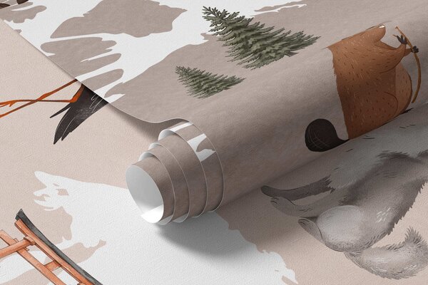 Fototapety Mapa w stylu akwareli w kolorze beżowym, przedstawiająca zwierzęta, rośliny i zabytki, Fototapety Mapy, c00009dev3 : Uwalls.pl