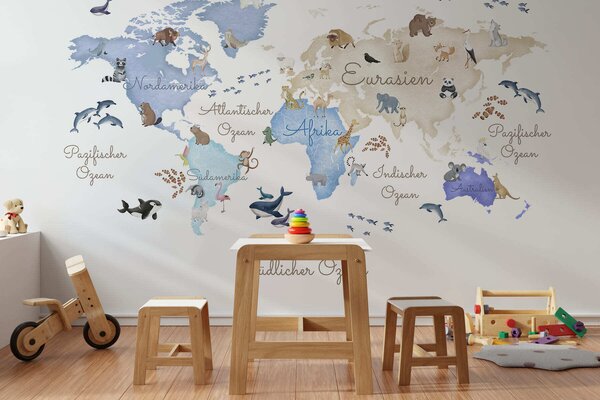Fototapety Niebieska mapa w stylu akwareli z motywami zwierzęcymi. Napisy w języku niemieckim, Fototapety Dziecięce, c00012dev1 : Uwalls.pl
