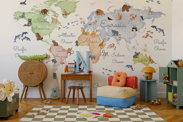 Fototapety Mapa w stylu akwareli przedstawiająca zwierzęta. Napisy w języku angielskim, Fototapety Mapy, c00012en : Uwalls.pl