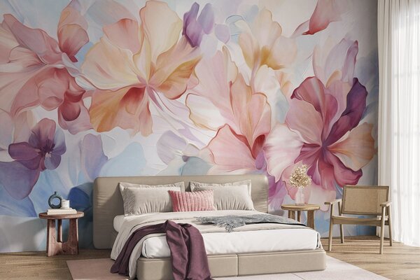 Fototapety Abstrakcyjne, fantazyjne kwiaty w odcieniach różu, brzoskwini i lawendy, utrzymane w stylu, Fototapety Akwarele, w09767 : Uwalls.pl