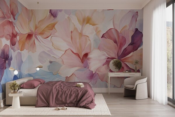 Fototapety Abstrakcyjne, fantazyjne kwiaty w odcieniach różu, brzoskwini i lawendy, utrzymane w stylu, Fototapety Akwarele, w09767 : Uwalls.pl