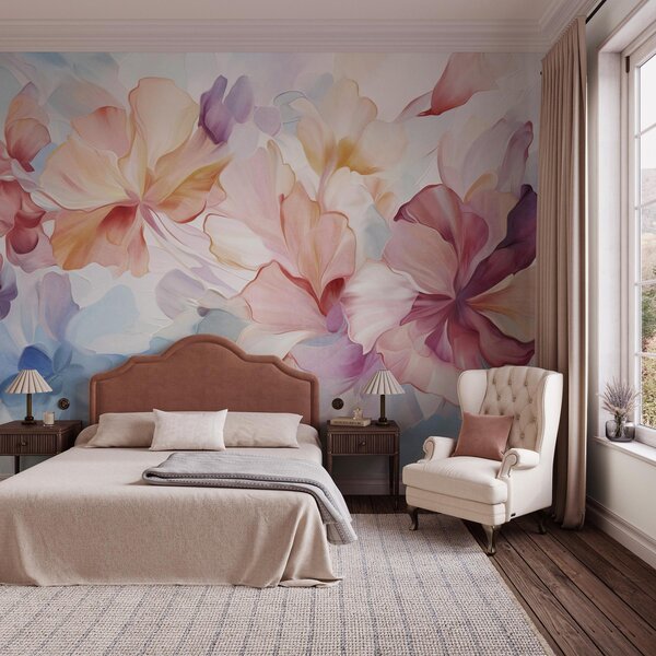 Fototapety Abstrakcyjne, fantazyjne kwiaty w odcieniach różu, brzoskwini i lawendy, utrzymane w stylu, Fototapety Akwarele, w09767 : Uwalls.pl