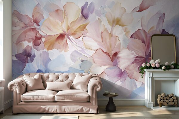 Fototapety Abstrakcyjne, fantazyjne kwiaty w odcieniach różu, brzoskwini i lawendy, utrzymane w stylu, Fototapety Akwarele, w09767 : Uwalls.pl