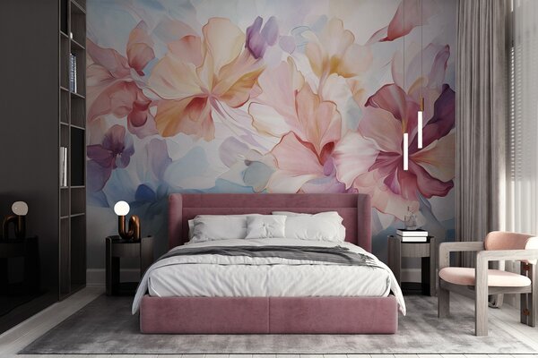 Fototapety Abstrakcyjne, fantazyjne kwiaty w odcieniach różu, brzoskwini i lawendy, utrzymane w stylu, Fototapety Akwarele, w09767 : Uwalls.pl