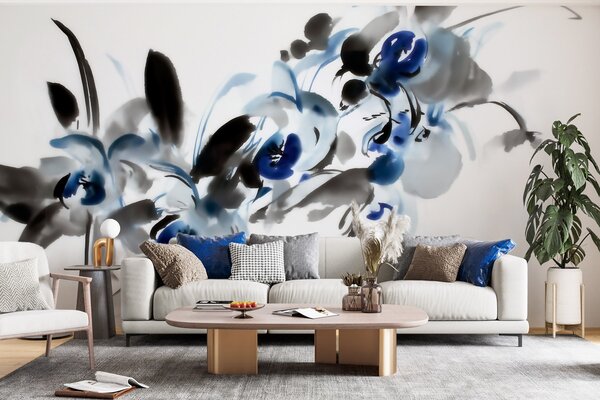 Fototapety Eleganckie, abstrakcyjne kwiaty w orientalnym stylu akwarelowym z niebieskimi i czarnymi akcentami,, Fototapety Kwiaty, w09797 : Uwalls.pl