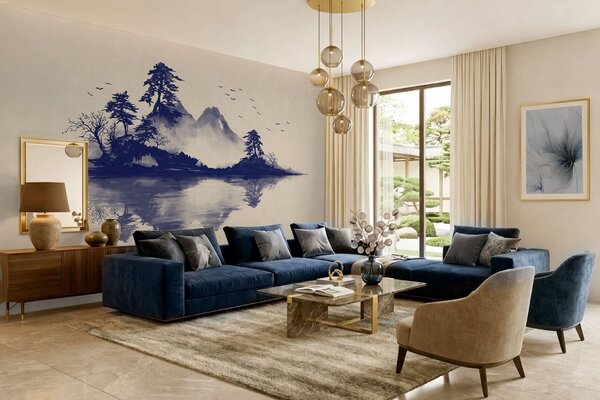Fototapety Pejzaż górski w technice sumi-e utrzymany w odcieniach błękitu, Fototapety Natura, w05124v2 : Uwalls.pl