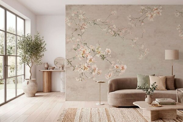 Fototapety Delikatne kwiatowe gałązki w stylu chinoiserie na jasnym tle, Fototapety Vintage, w05427 : Uwalls.pl