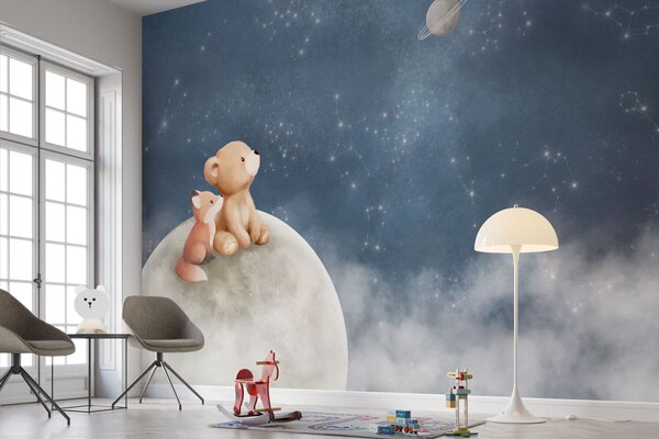 Fototapety Pastelowa ilustracja przedstawiająca niedźwiadka i lisa na tle nocnego nieba, Fototapety Dziecięce, w05431 : Uwalls.pl