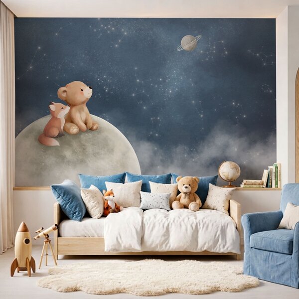 Fototapety Pastelowa ilustracja przedstawiająca niedźwiadka i lisa na tle nocnego nieba, Fototapety Dziecięce, w05431 : Uwalls.pl