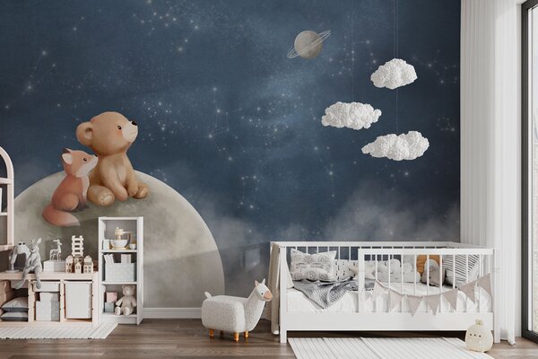 Fototapety Pastelowa ilustracja przedstawiająca niedźwiadka i lisa na tle nocnego nieba, Fototapety Dziecięce, w05431 : Uwalls.pl