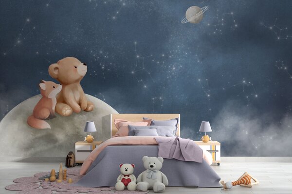 Fototapety Pastelowa ilustracja przedstawiająca niedźwiadka i lisa na tle nocnego nieba, Fototapety Dziecięce, w05431 : Uwalls.pl