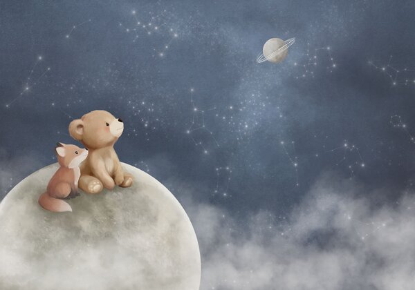 Fototapety Pastelowa ilustracja przedstawiająca niedźwiadka i lisa na tle nocnego nieba, Fototapety Dziecięce, w05431 : Uwalls.pl