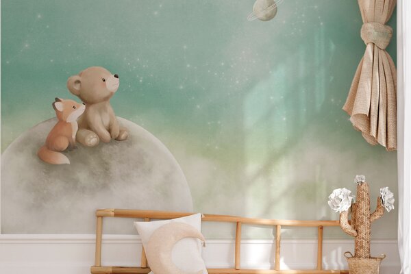 Fototapety Pastelowa ilustracja przedstawiająca niedźwiadka i lisa na tle zielonego nieba, Fototapety Dziecięce, w05431v1 : Uwalls.pl