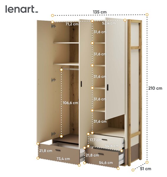 EMWOmeble Szafa młodzieżowa LENNY LY-01 dąb artisan/beż/truflowy