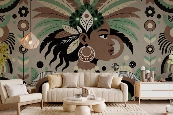 Fototapety stylowy wzór inspirowany Afryką, utrzymany w odcieniach zieleni, brązu i beżu, Fototapety Etniczne, w05389v1 : Uwalls.pl