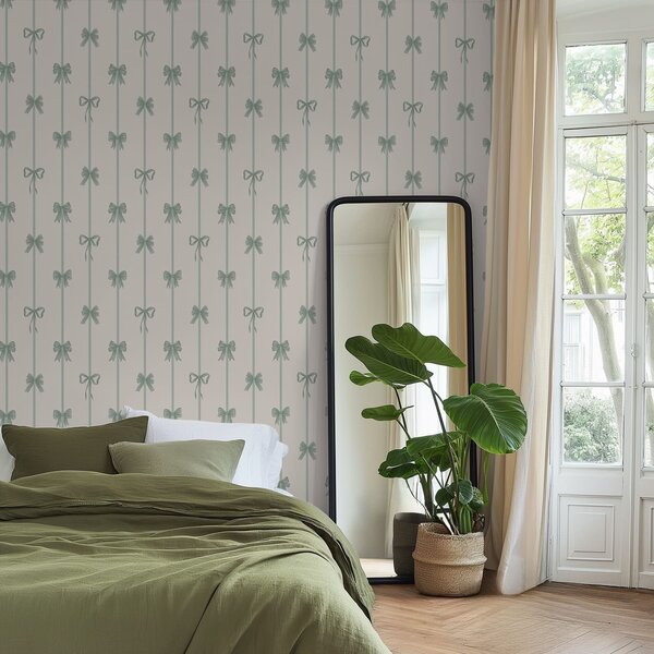 Tapety Zielone kokardki z wstążkami na beżowym tle, Tapety Geometryczne, Tapety w paski, a01074v1 : Uwalls.pl