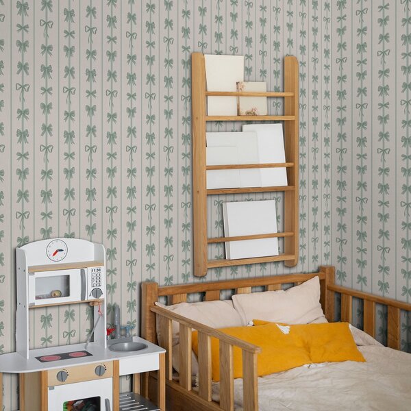 Tapety Zielone kokardki w paski na beżowym tle, Tapety Do pokoju dziecięcego, Tapety do pokoju dziewczynki, a01075v1 : Uwalls.pl