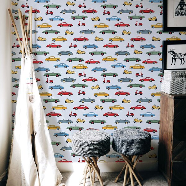 Tapety Samochody i skutery w stylu retro na niebieskim tle, Tapety vintage, a01172v2 : Uwalls.pl