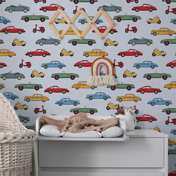 Tapety Samochody i skutery w stylu retro na niebieskim tle, Tapety vintage, a01172v2 : Uwalls.pl