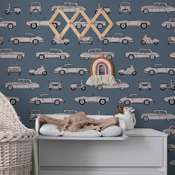 Tapety Samochody i skutery w stylu retro na niebieskim tle, Tapety vintage, a01178 : Uwalls.pl